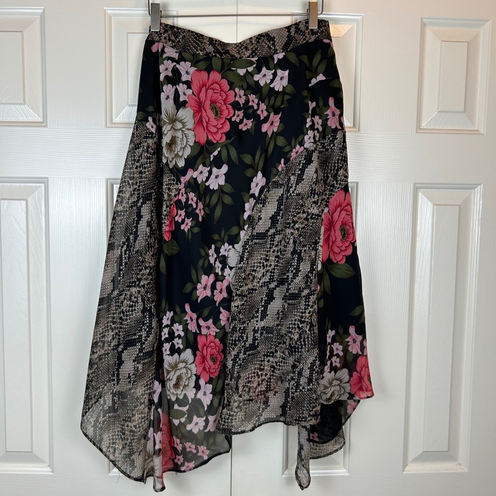 Y2K INC Floral Snakeskin Mixed Print Asymmetric Midi Skirt Fairycore